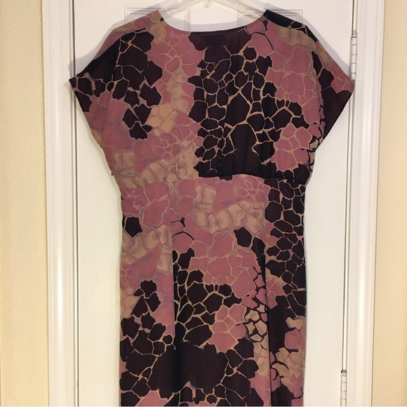 Tess dress 100% Silk Black Mauve Tan VNeck Short Sleeve Lined Maxi Dress Size 10 - Picture 4 of 8